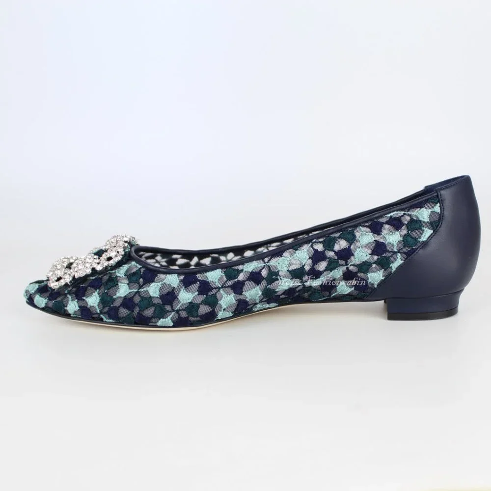 NEW Manolo Blahnik Hangisi Crystal Buckle Lace Flats YWOV EU 39
